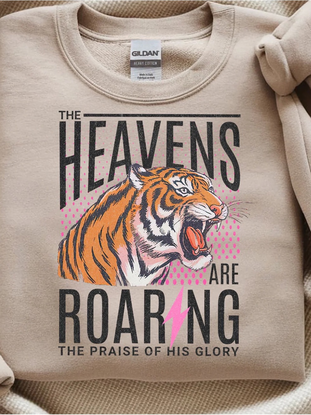 Gildan Beige Sweatshirt with Orange Tiger and Pink Accents